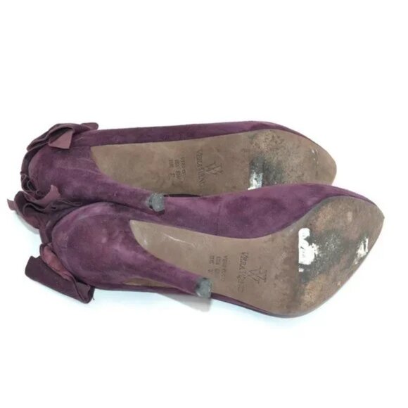 Vera Wang Plum Purple Burgundy Red Leather Suede Pin-Up Bow Stiletto Heels 6.5 - Picture 10 of 11